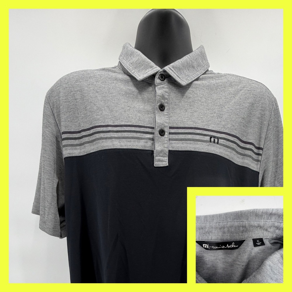 TravisMathew XL Polo Shirt Mens Gray Black Striped‎ Performance Golf Heathered